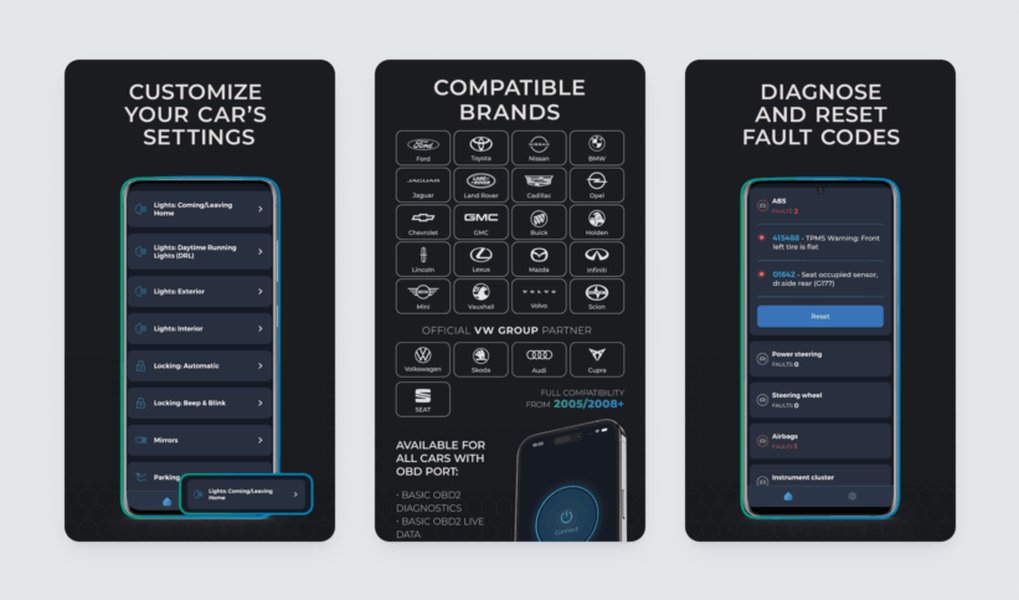 Carista app showing diagnostic and customization features