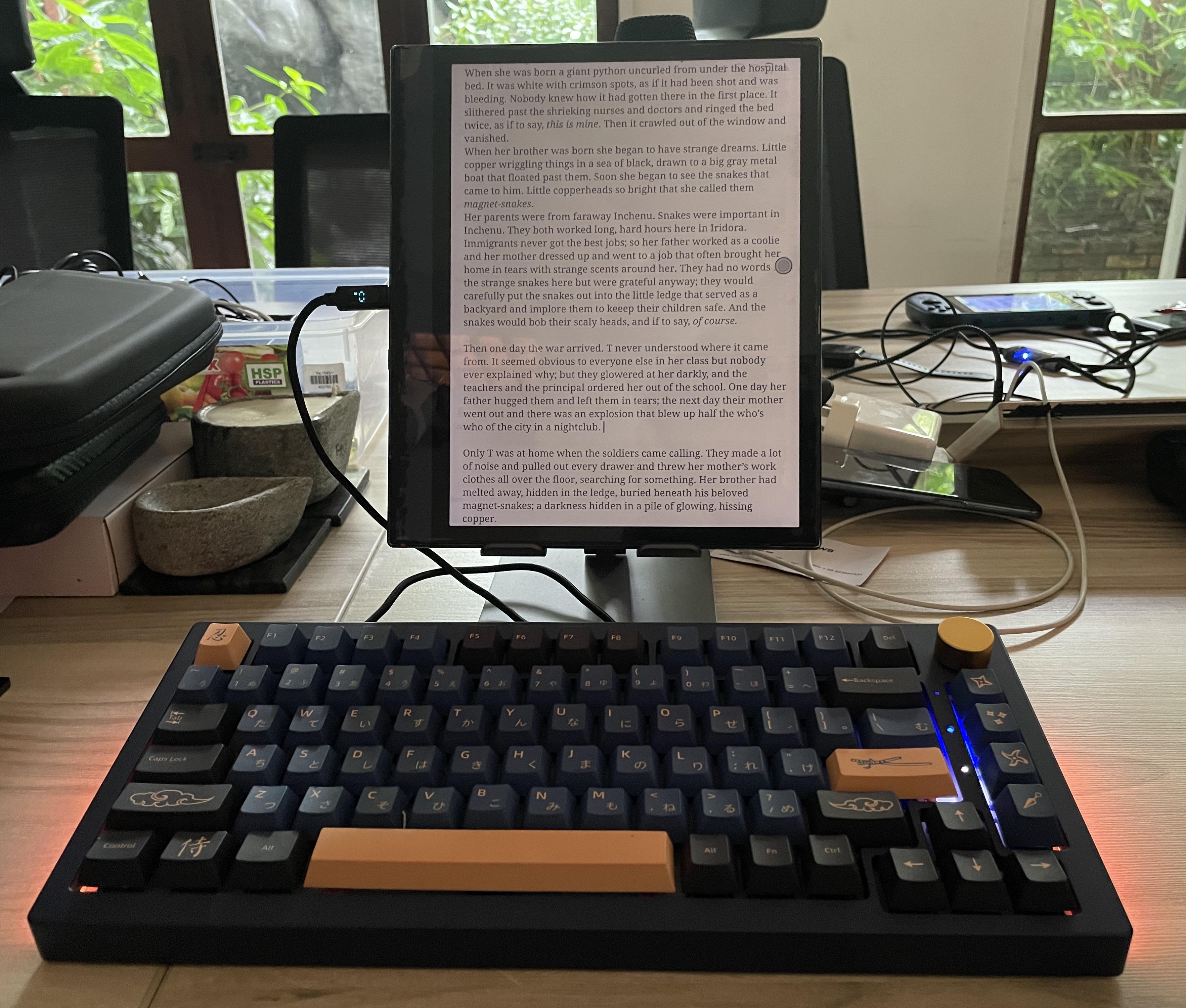 e reader and tablet setup on a desk