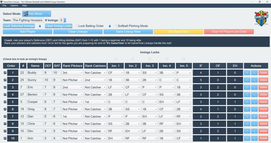 Example of a generated softball lineup