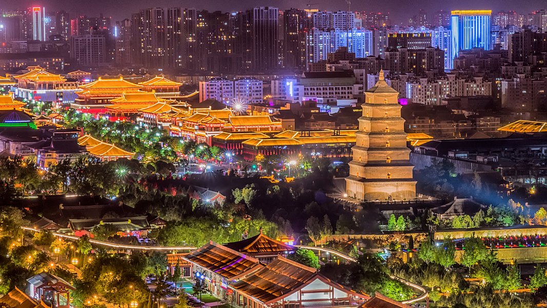 Night view of Datang Everbright City in Xi'an during summer