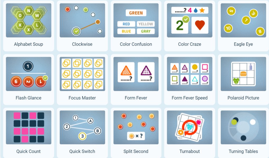 A colorful illustration depicting various brain-training exercises and games, suggesting cognitive enhancement.