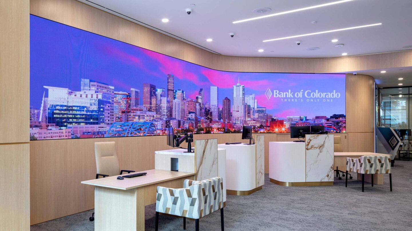 modern banking building and digital screens