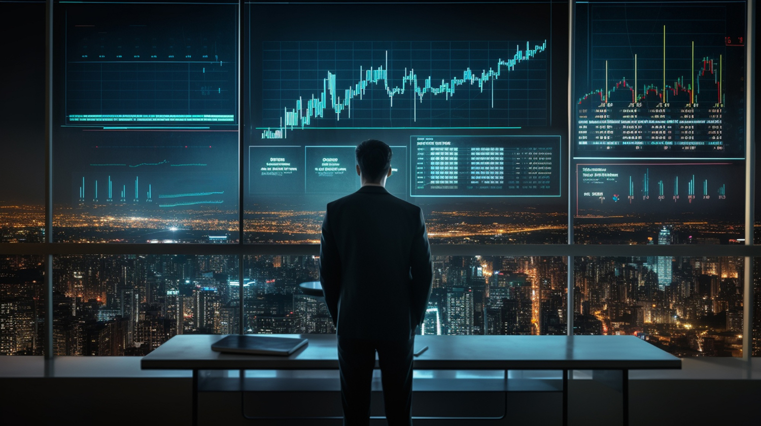 financial charts, stock market displays, corporate building