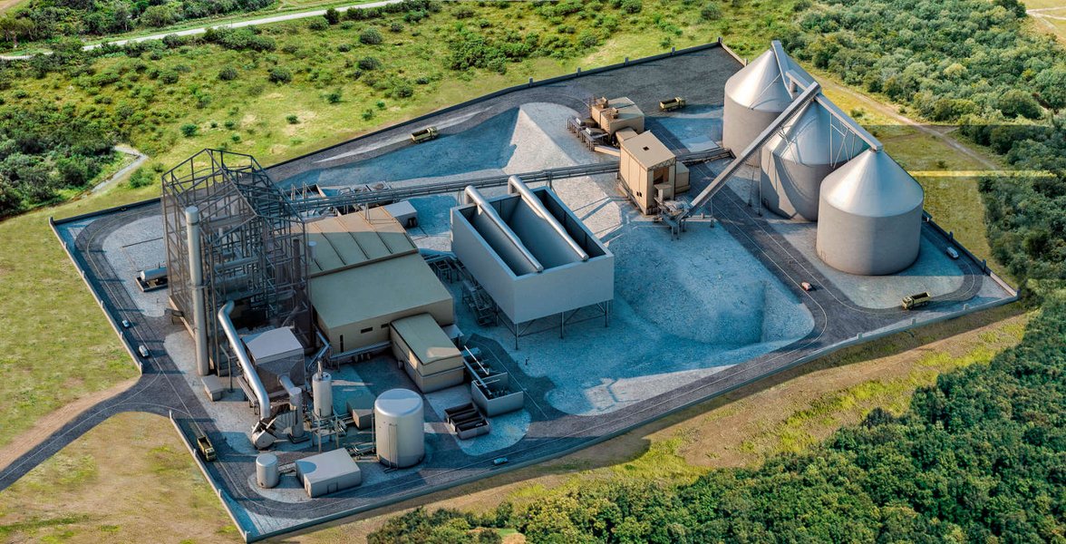 A large-scale biomass power plant facility.