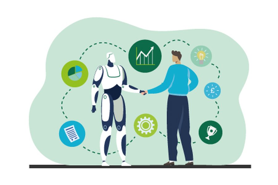 Symbolic image of AI and human hand working together for growth