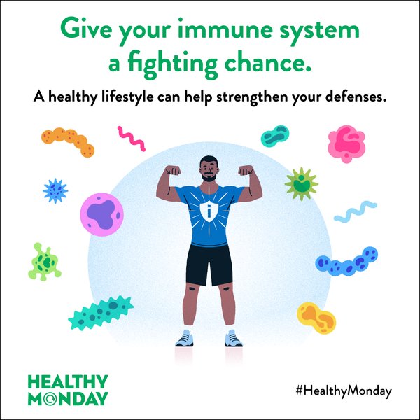 An illustration depicting various healthy lifestyle elements like exercise, sleep, and a balanced diet, all contributing to strong immunity.