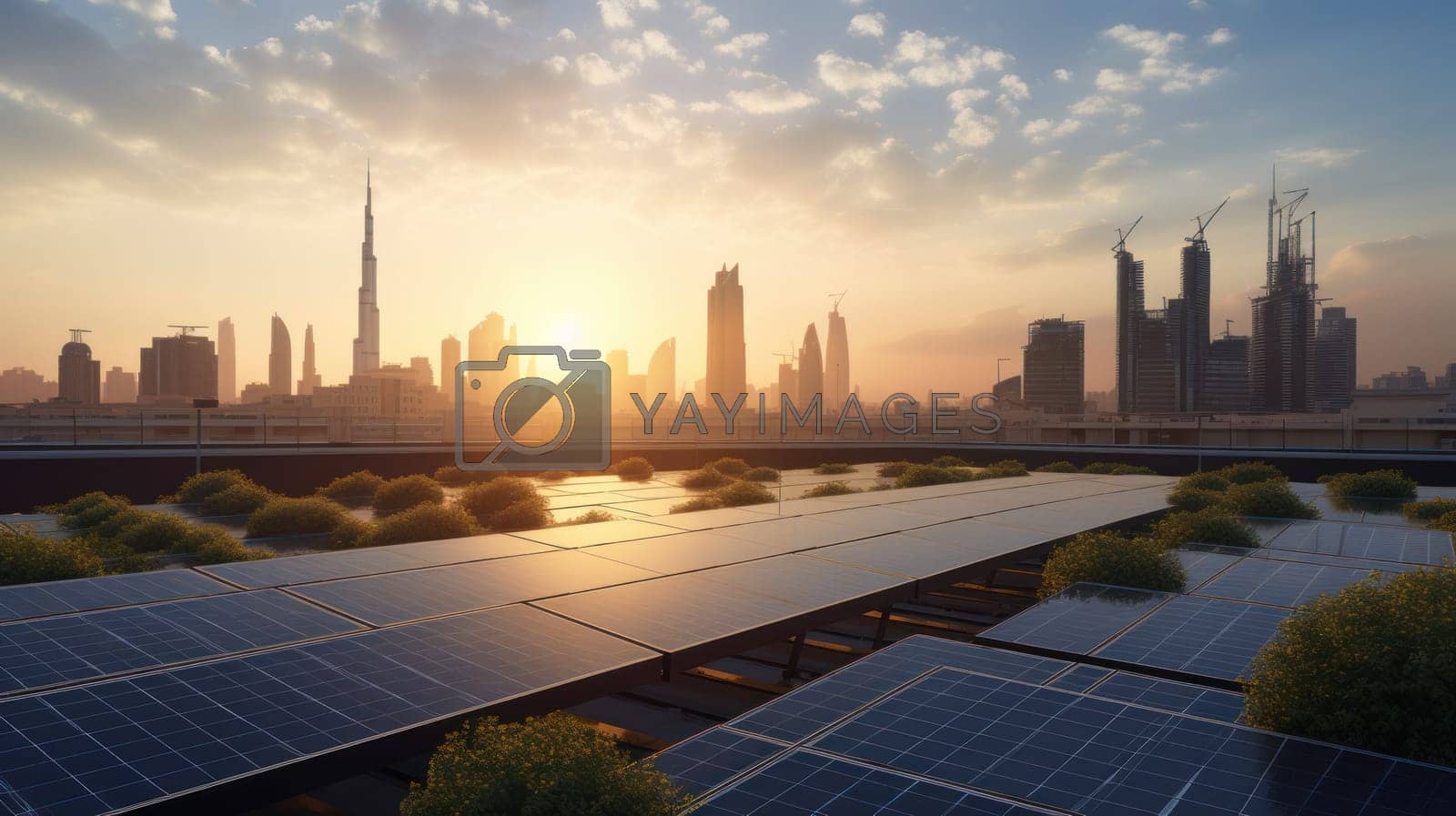 solar panels sunset cityscape