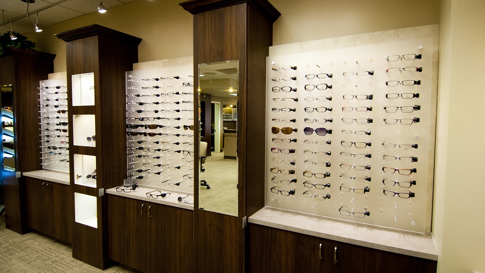 modern style eyeglasses on display in store