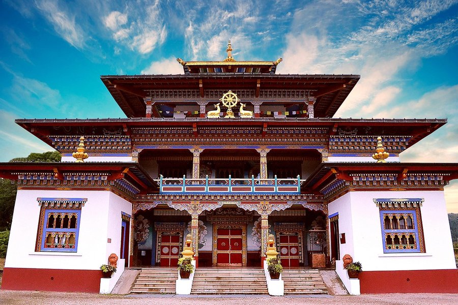 寧靜的佛教寺廟庭院，象徵萬物和諧共存與緣起法
