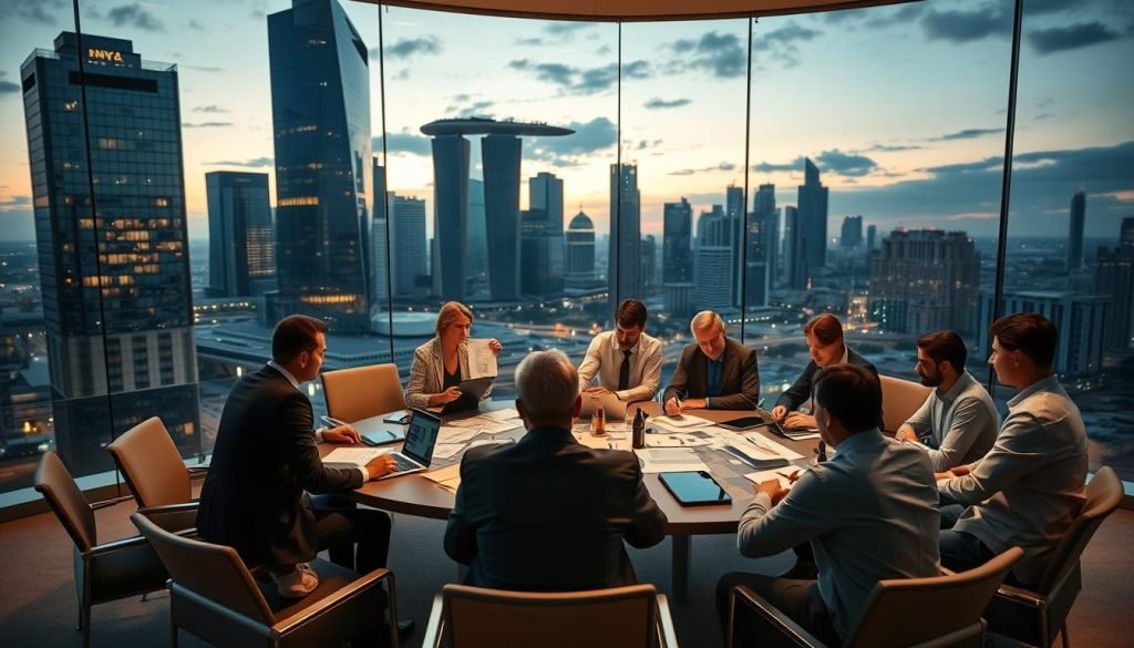 Singapore skyline, fiscal meeting table with documents