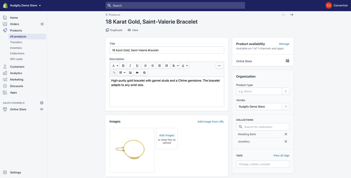 Shopify product management interface