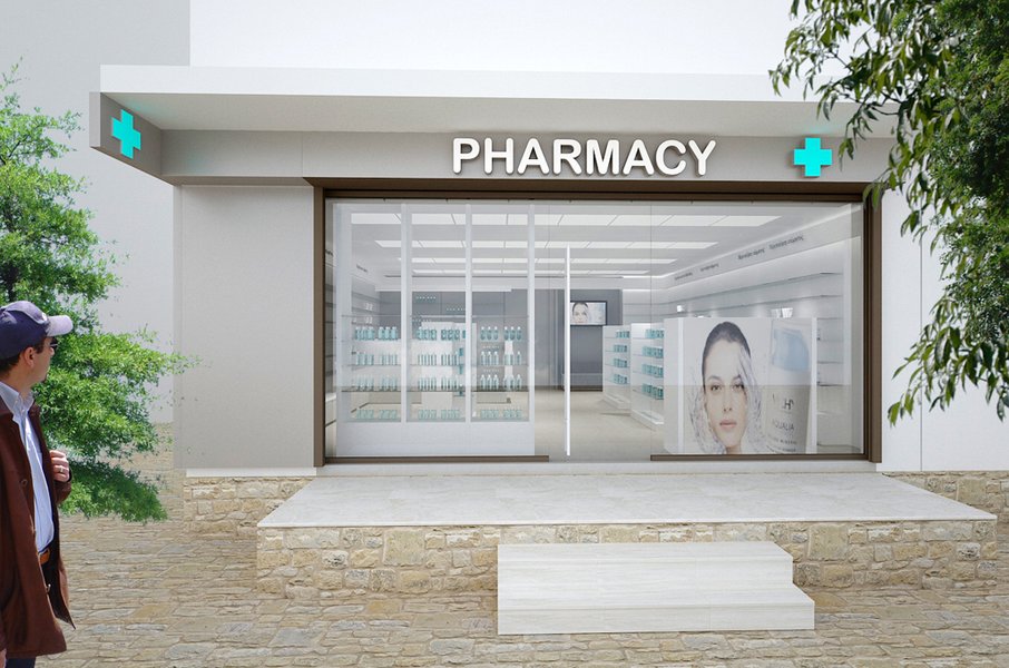 Interior of a modern pharmacy shelf display