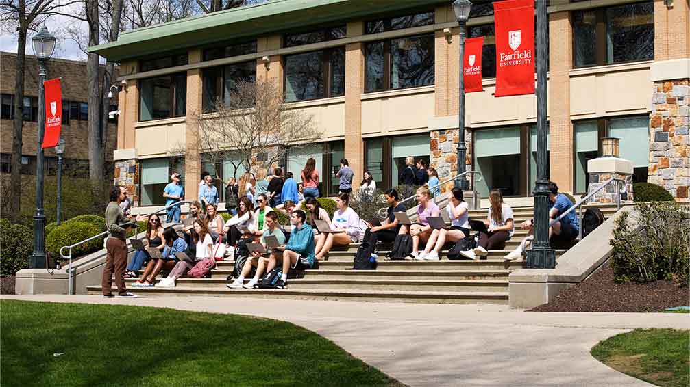 scenic photograph of school campus with students