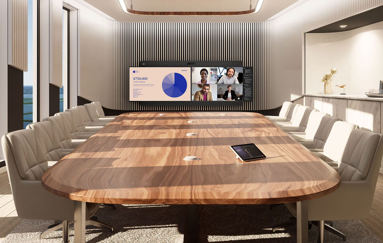 corporate boardroom meeting with investment displays