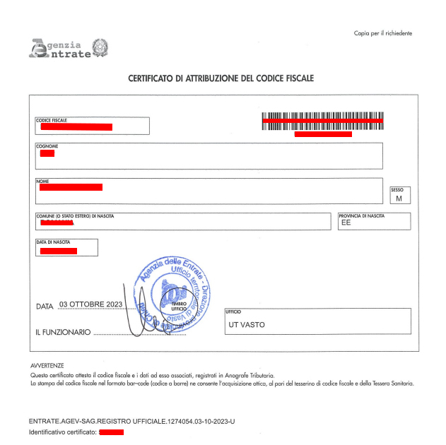 italian tax code printed document
