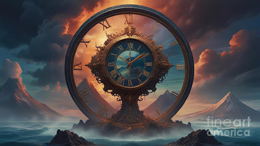 sunrise over mountains with clock