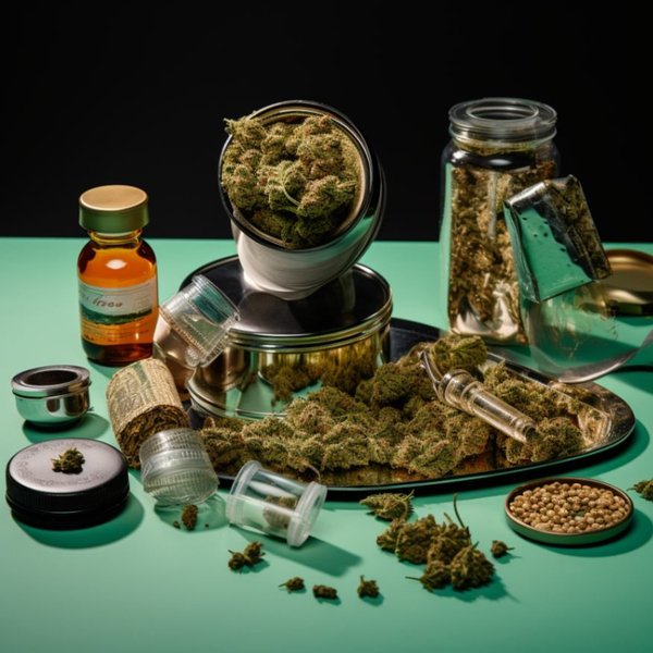 Cannabis accessories including grinder, pipe, and papers