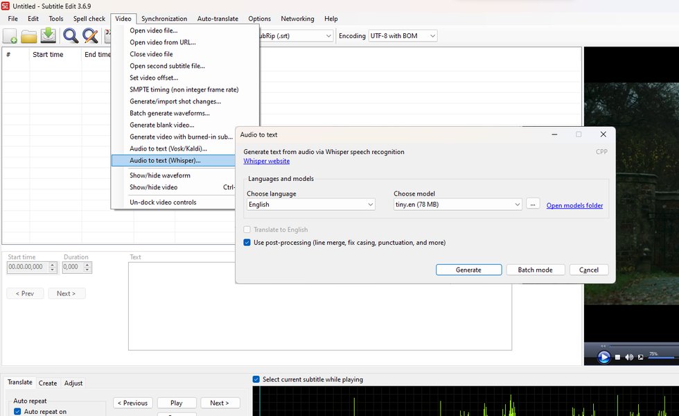 Subtitle Edit Whisper Interface