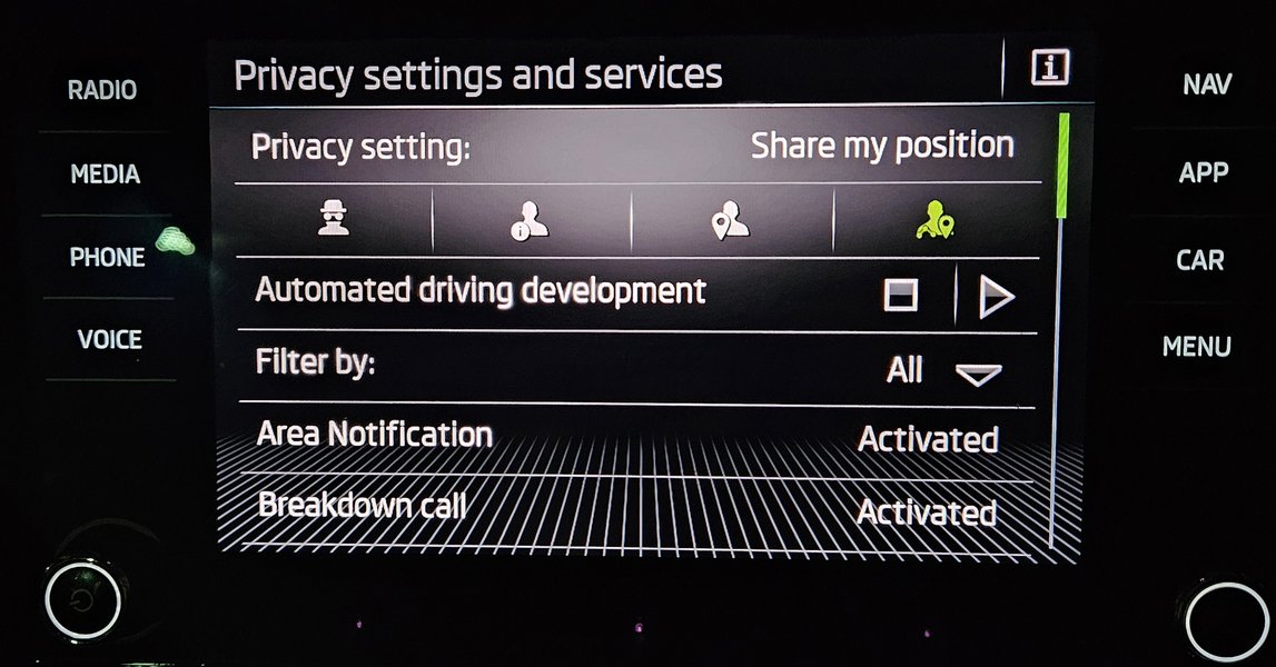 A data transfer warning message, common in connected cars, prompting user awareness.