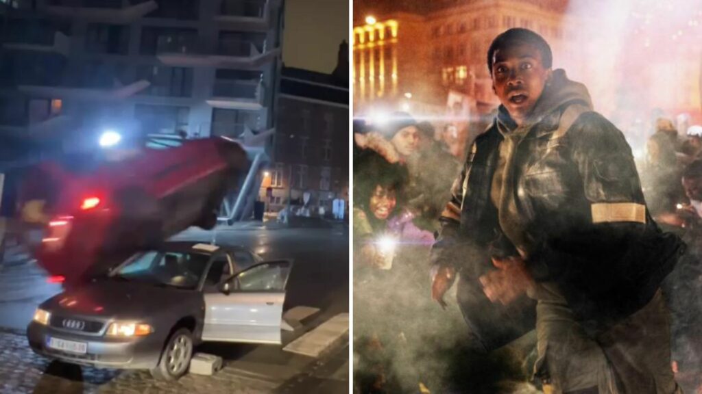 car theft scene in urban Belgium