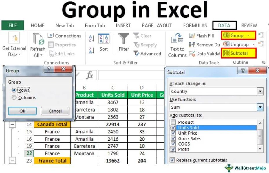 Illustration of grouping data in Excel