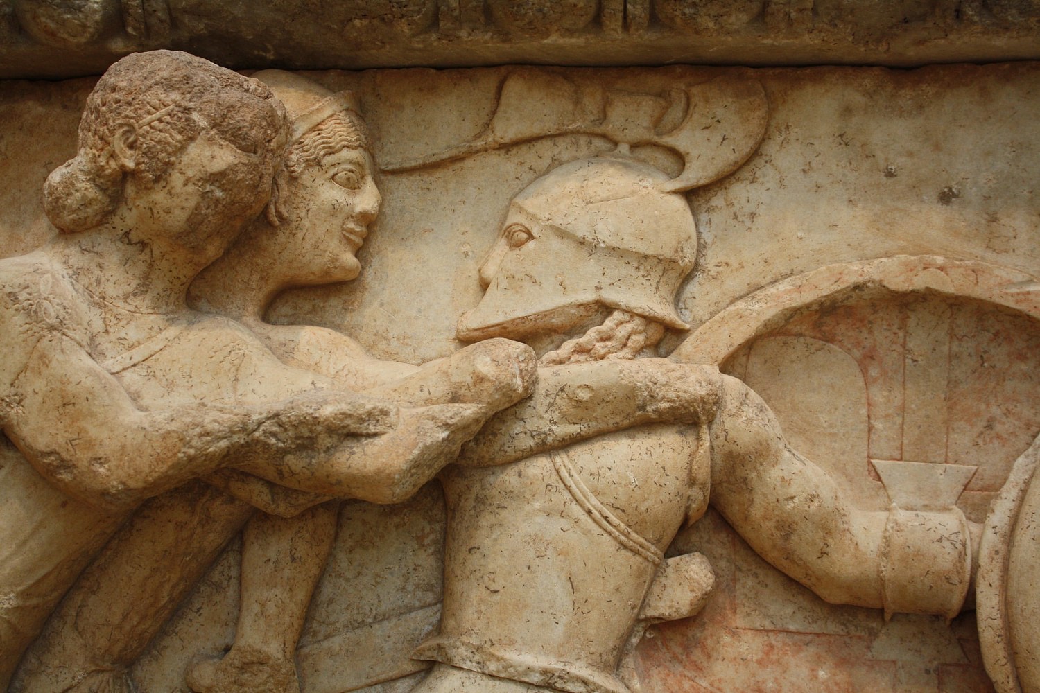 Roman statue, ancient ruins, military formation