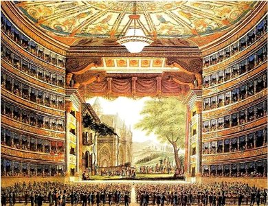 vintage music manuscript and opera stage