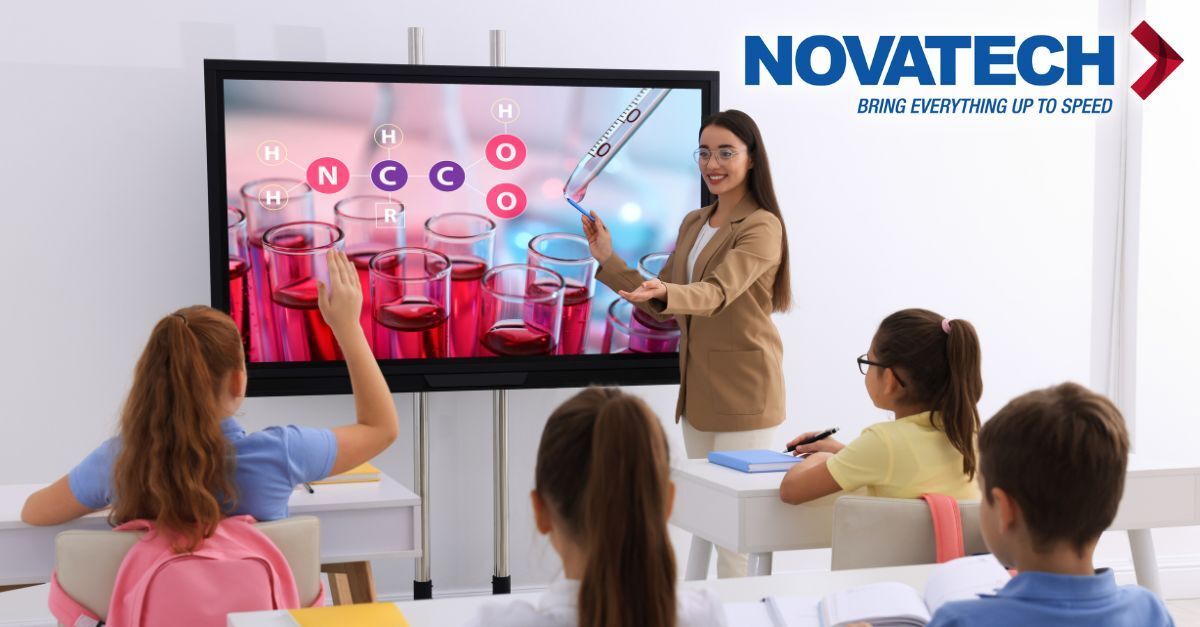 modern classroom with students and digital screens