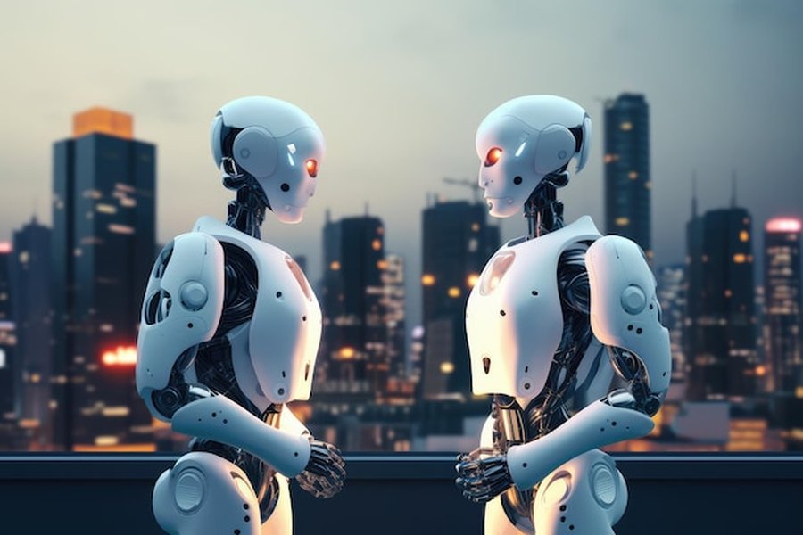 Robots conversing in a futuristic city.