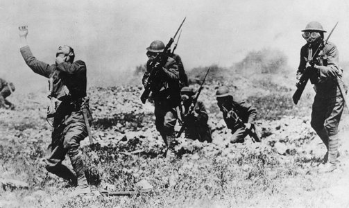 historical military battle scene with gas masks and chemical warfare artifacts