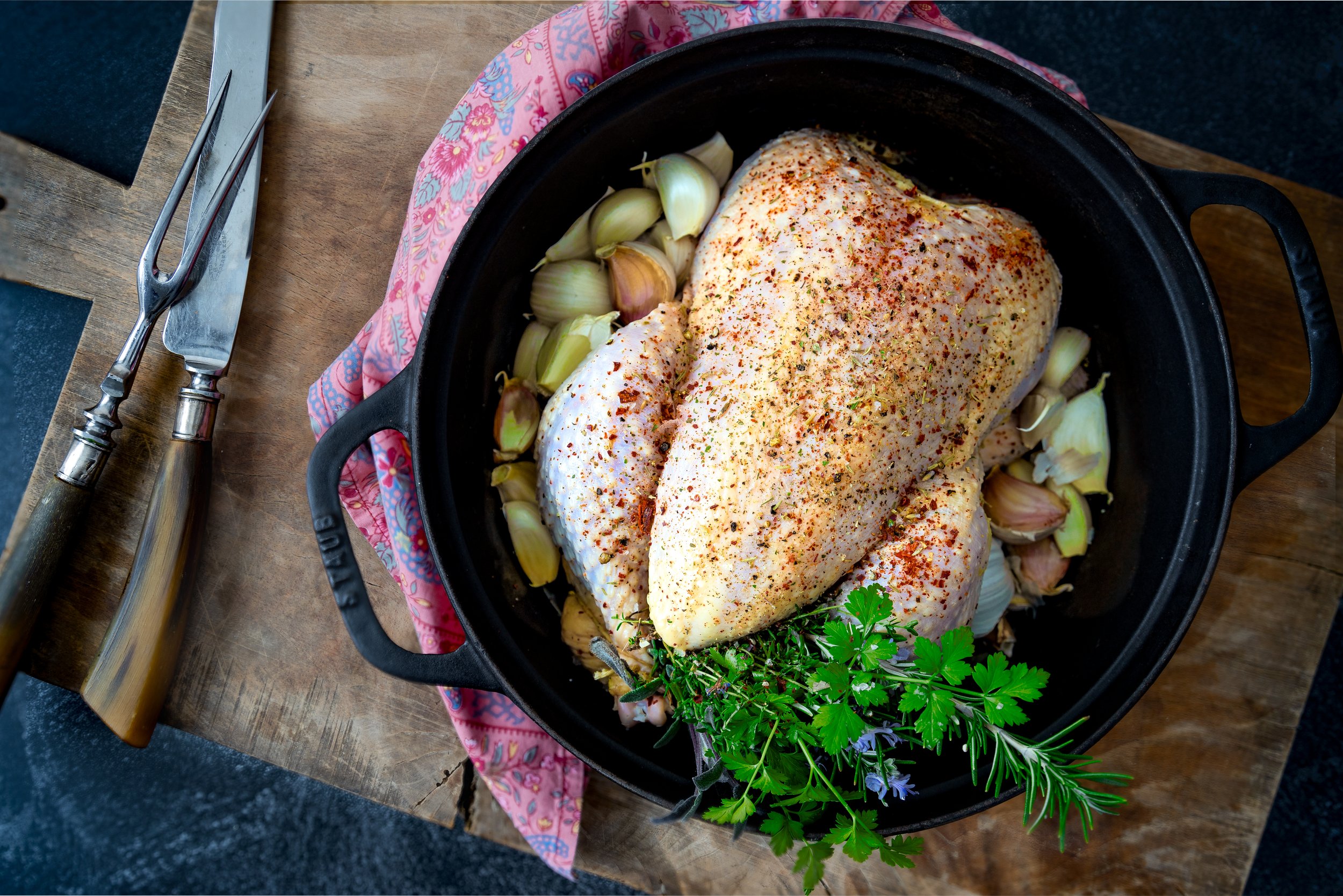 golden roasted ingredients table scene