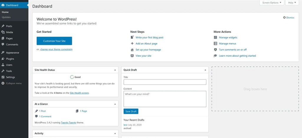 wordpress website dashboard coding setup