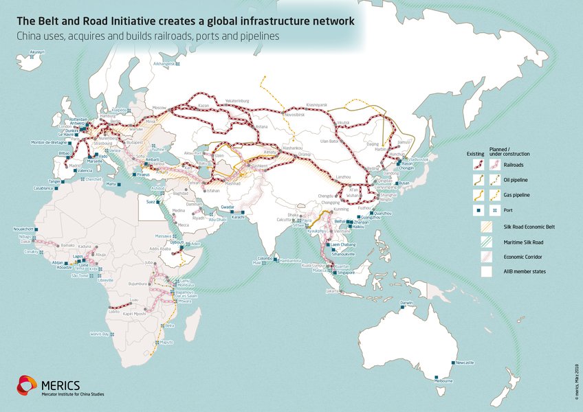 Map showing the Belt and Road Initiative corridors across continents