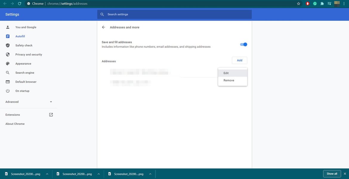 Chromeの自動入力設定画面