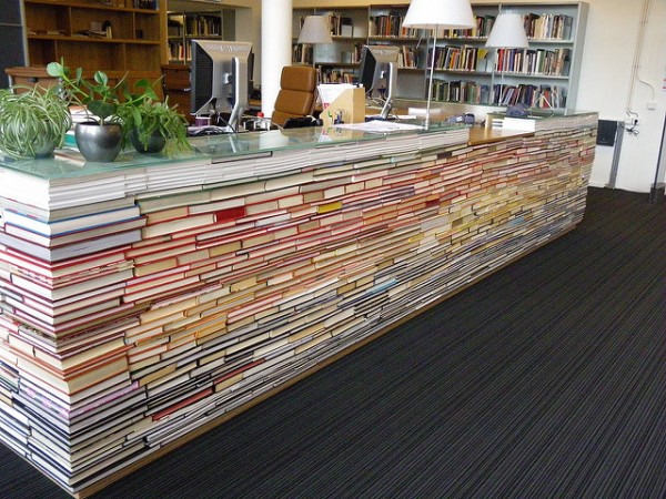books in library desk