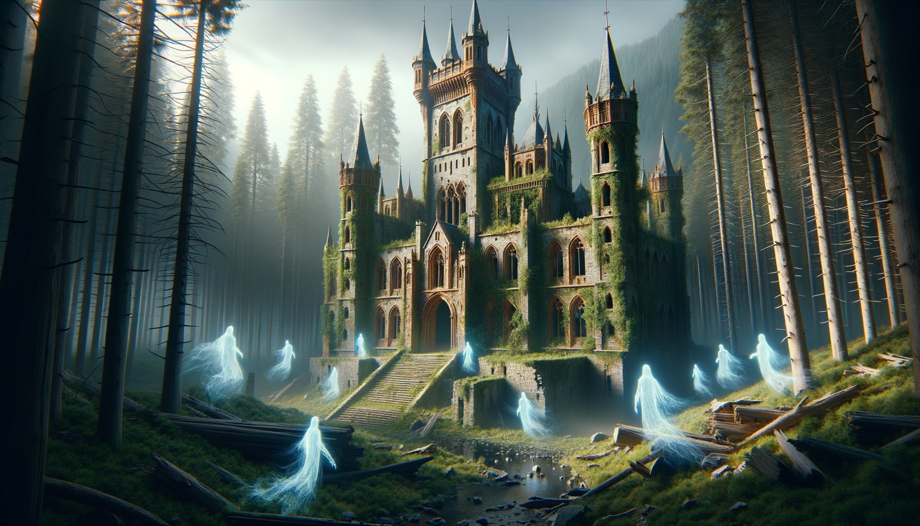 fantasy medieval city with pine trees