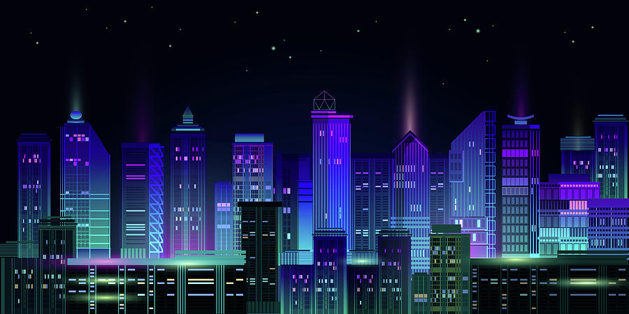 futuristic animated cityscape with neon lights digital art