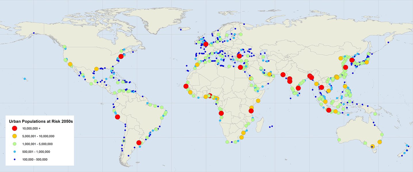 Map showing cities at risk from sea level rise by 2050.