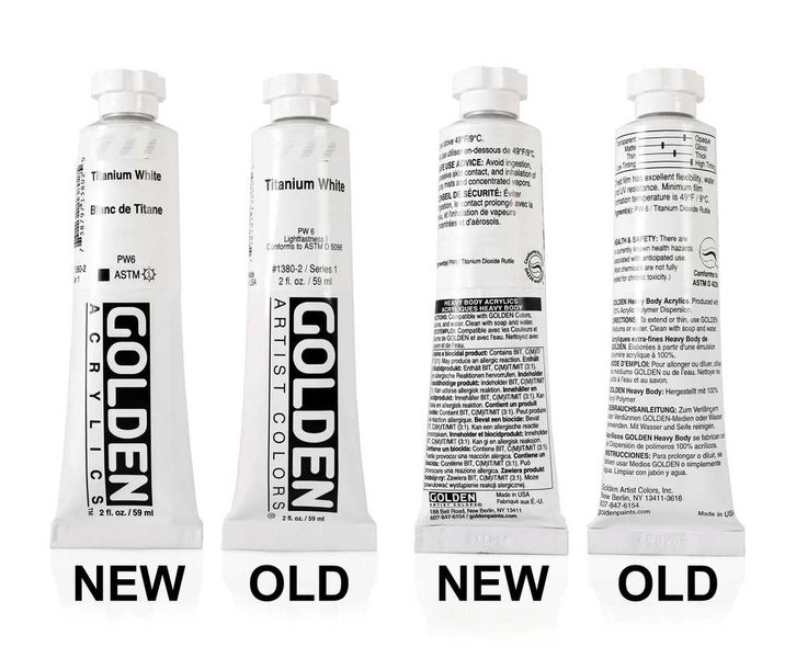 Paint tubes with labels indicating biocide content