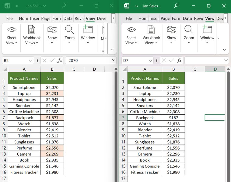 Visual representation of comparing two sheets in Excel