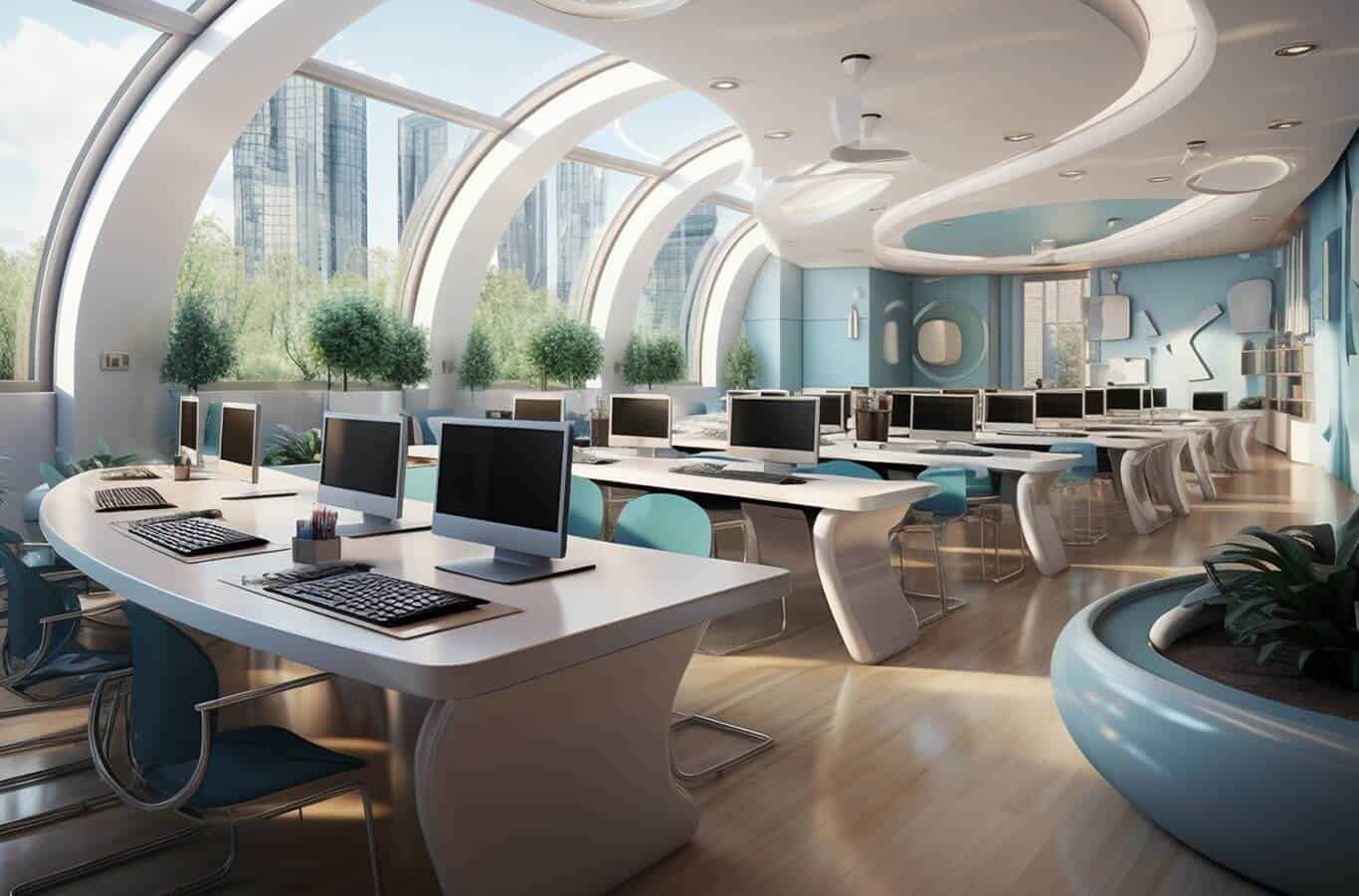 scenic industrial landscape, business meeting in modern office