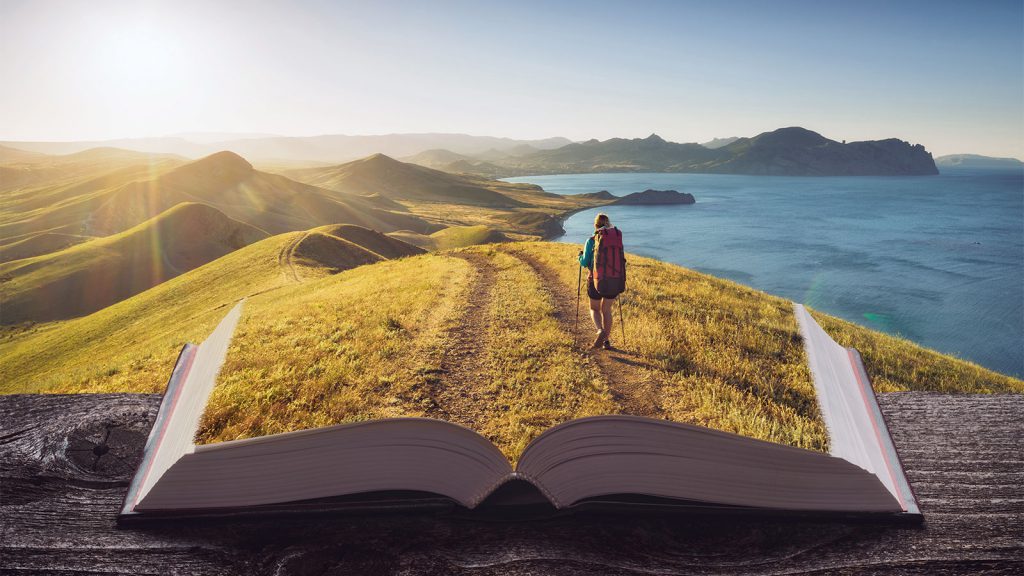 philosophical books and serene landscapes