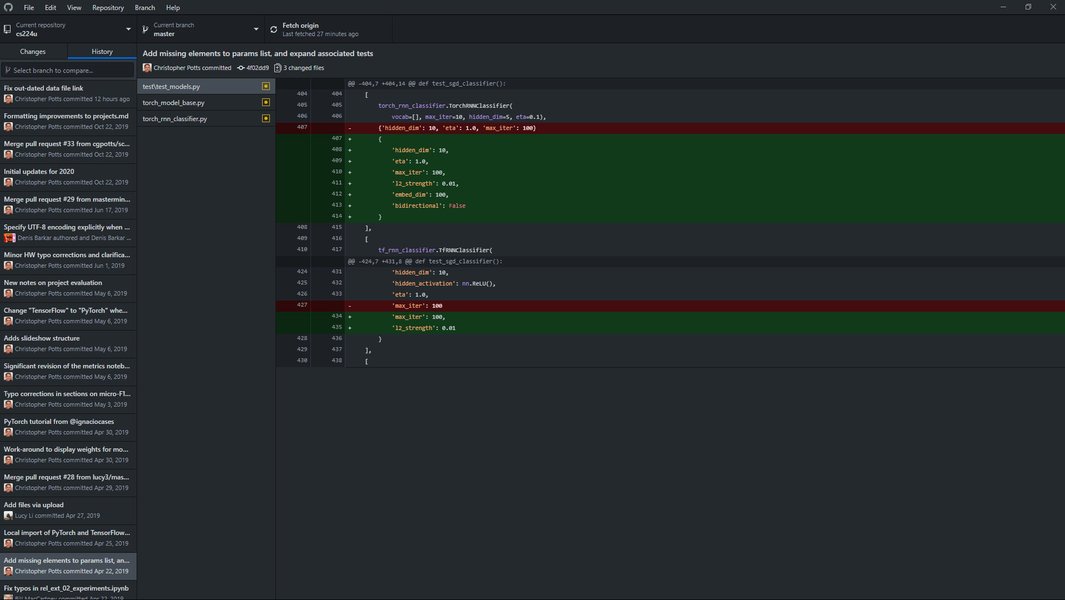 Screenshot of the GitHub Desktop application interface showing repositories, changes, and history.