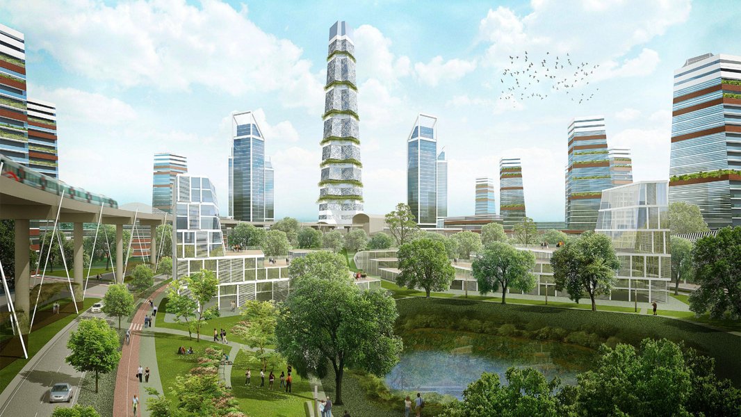 A conceptual image of a sustainable city with green spaces and modern infrastructure.