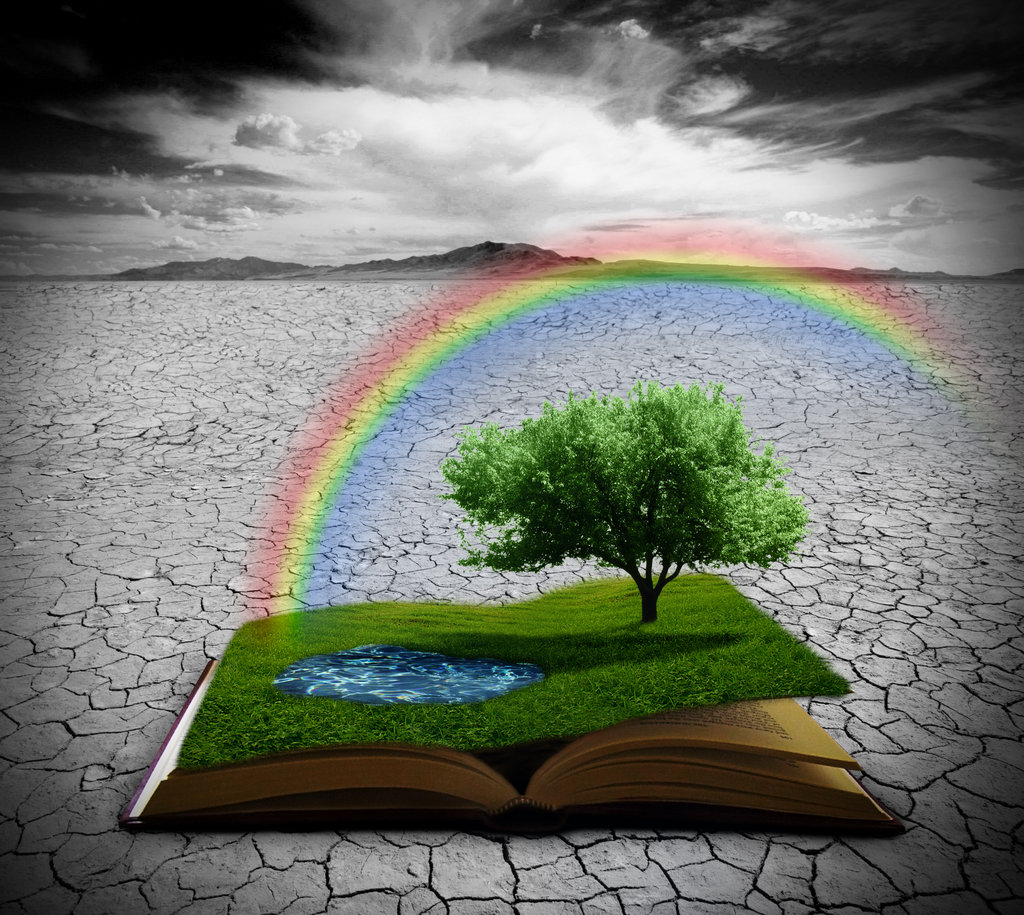 philosophy books and nature scenery