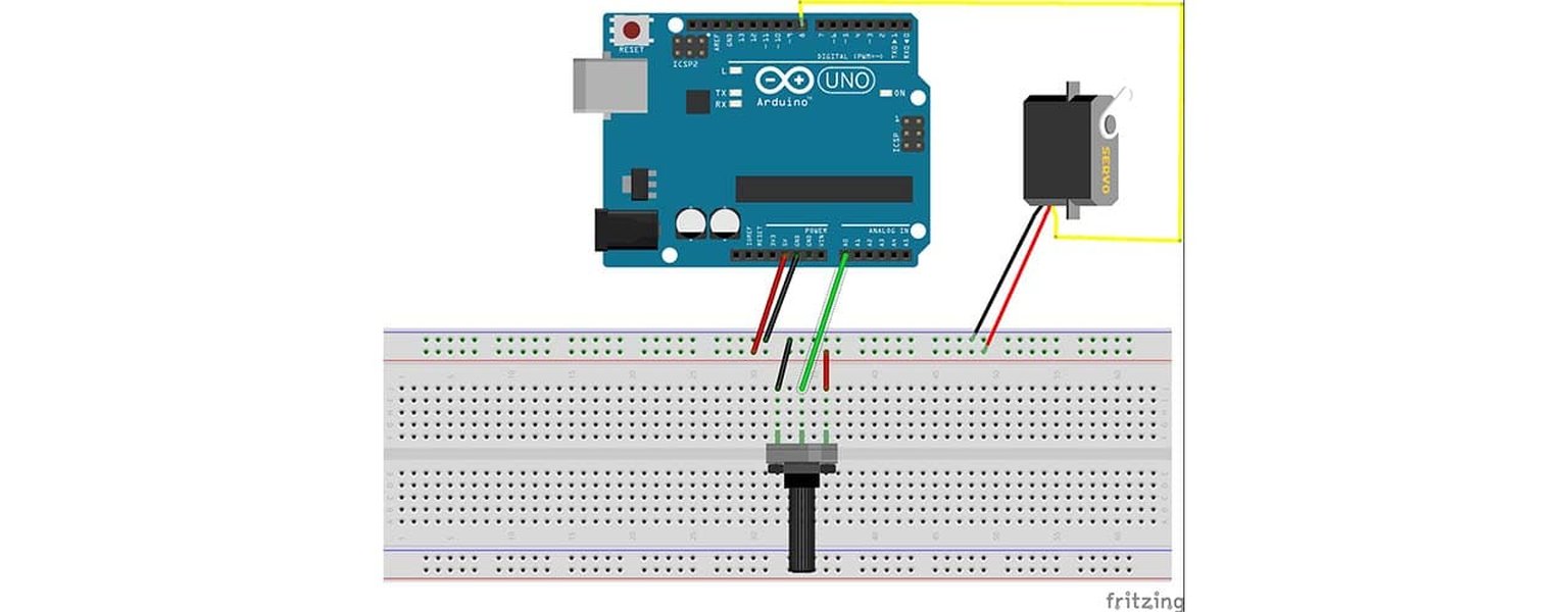 Servomotor controlado mediante un potenciómetro conectado a un Arduino. Diagrama de conexión de un servomotor y un potenciómetro a Arduino