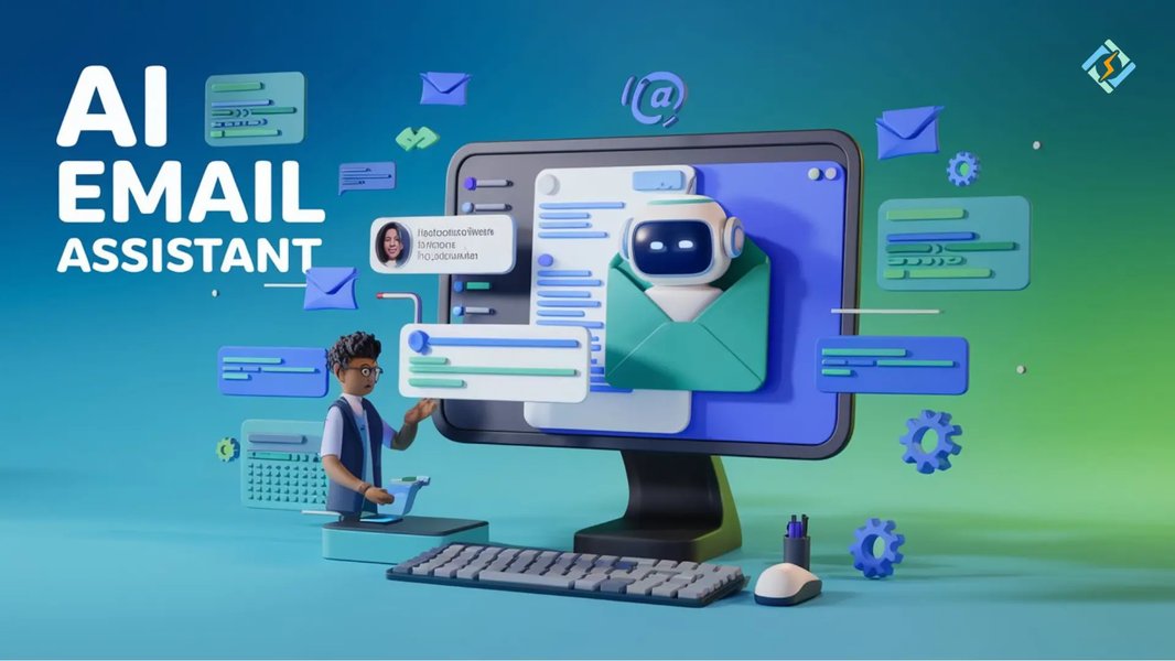 Conceptual graphic showing AI assisting with email tasks