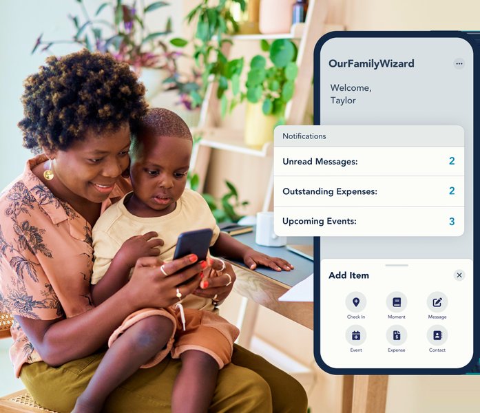 Interface of a co-parenting app showing calendar and messaging features