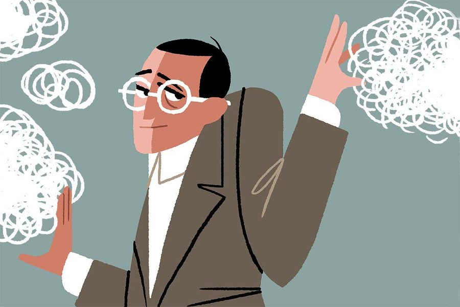 Illustration depicting brain fog with swirling grey clouds within a head silhouette.