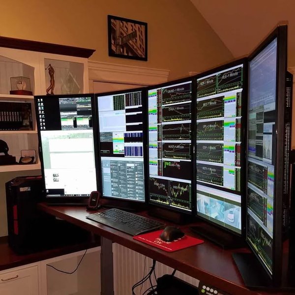 A sophisticated multi-monitor trading desk setup.